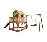 AXI Liam Casetta con pavimento, sabbiera, scivolo verde e altalena a nido d'ape | Casa da gioco per giardino / esterno in marrone & verde da legno FSC | Parco giochi per bambini