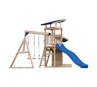 AXI Malik Casetta in Legno Bimbi, 2 altalene, Scivolo Blu | Parco Giochi all'Aperto con Sabbiera e Muro di Gioco | Scivolo con Collegamento all'Acqua | Casetta in Legno da Esterno su Palafitte