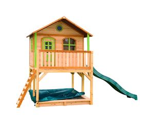 AXI Marc Casa Bambini con pavimento, sabbiera e scivolo verde | Casetta da gioco per giardino / esterno in legno FSC marrone e verde | Torre di gioco per bambini