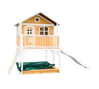 AXI Marc Casetta con pavimento, sabbiera e scivolo bianco | Casa da gioco per giardino / esterno in marrone e bianco di legno FSC | Parco giochi per bambini