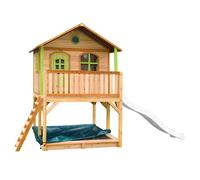AXI Marc Casetta con pavimento, sabbiera e scivolo bianco | Casa da gioco per giardino / esterno in marrone e verde di legno FSC | Parco giochi per bambini