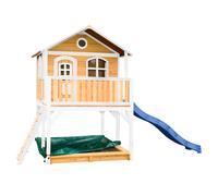 AXI Marc Casetta con pavimento, sabbiera e scivolo blu | Casa da gioco per giardino / esterno in marrone e bianco in legno FSC | Parco giochi per bambini