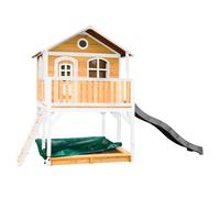 AXI Marc Casetta con pavimento, sabbiera e scivolo grigio | Casa da gioco per giardino / esterno in marrone e bianco in legno FSC | Parco giochi per bambini