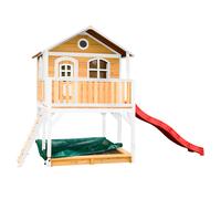 AXI Marc Casetta con pavimento, sabbiera e scivolo rosso | Casa da gioco per giardino / esterno in marrone e bianco in legno FSC | Parco giochi per bambini