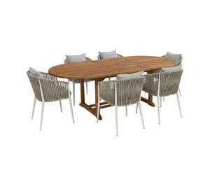 AXI Marzi/Faye Set da giardino, 7 pezzi per 6 persone - Beige | Set da pranzo in teak con tavolo da giardino ovale allungabile | Con 6 sedie da giardino, cuscini di seduta in olefina inclusi