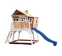 AXI Max Casetta con pavimento, sabbiera e scivolo blu | Casa da gioco per giardino / esterno in marrone e bianco in legno FSC | Parco giochi per bambini