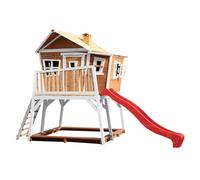 AXI Max Casetta con pavimento, sabbiera e scivolo rosso | Casa da gioco per giardino / esterno in marrone e bianco in legno FSC | Parco giochi per bambini