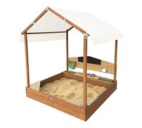 AXI Meli Sabbiera e casetta da gioco in legno con cucina e tettuccio - Marrone | Con lavagna, serbatoio per l'acqua e set da 6 pezzi | Con rivestimento e copertura protettiva | 120 x 120 x 144,5 cm