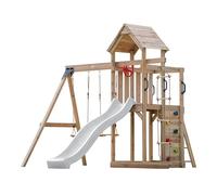 AXI Moos Casetta in Legno Bimbi Completa, 2 Altalene, Scivolo Bianco, Scala di corda/Parco giochi all'aperto con Altalene/Sabbiera/Muro di Arrampicata | Casetta in legno da esterno su palafitte