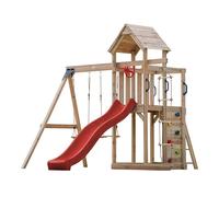 AXI Moos Casetta in Legno Bimbi Completa, 2 Altalene, Scivolo Rosso, Scala di corda/Parco giochi all'aperto con Altalene/Sabbiera/Muro di Arrampicata | Casetta in legno da esterno su palafitte.