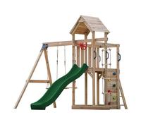 AXI Moos Casetta in Legno Bimbi Completa, 2 Altalene, Scivolo Verde, Scala di corda/Parco giochi all'aperto con Altalene/Sabbiera/Muro di Arrampicata | Casetta in legno da esterno su palafitte.