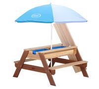 AXI Nick Tavolo da picnic / Tavolino sabbia e acqua per bambini in marrone con ombrellone in blu/bianco | Tavolo da picnic multiuso in legno