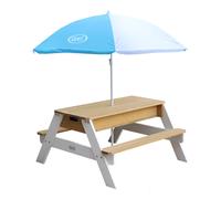 AXI Nick Tavolo da picnic / Tavolo da sabbia / Tavolo da acqua per bambini in marrone/bianco con ombrellone in blu/bianco | Tavolo da picnic multiuso in legno