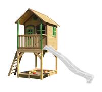 AXI Sarah Casetta con pavimento, sabbiera e scivolo bianco | Casa da gioco per giardino / esterno in marrone e verde di legno FSC | Parco giochi per bambini