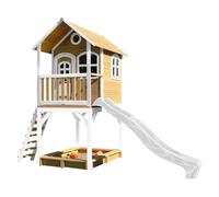 AXI Sarah Casetta con pavimento, sabbiera e scivolo bianco | Casa da gioco per giardino / esterno in marrone e bianco di legno FSC | Parco giochi per bambini