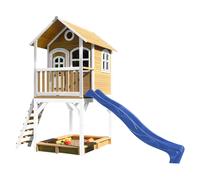 AXI Sarah Casetta con pavimento, sabbiera e scivolo blu | Casa da gioco per giardino / esterno in marrone e bianco in legno FSC | Parco giochi per bambini