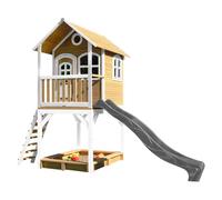 AXI Sarah Casetta con pavimento, sabbiera e scivolo grigio | Casa da gioco per giardino / esterno in marrone e bianco in legno FSC | Parco giochi per bambini