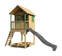 AXI Sarah Casetta con pavimento, sabbiera e scivolo grigio | Casa da gioco per giardino / esterno in marrone & verde di legno FSC | Parco giochi per bambini
