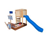 AXI Vicky Torre gioco per bambini in legno, scivolo blu | Casetta da gioco per giardino/sabbiera, cucina da gioco e lavagna | Giochi in legno da esterno.