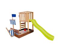 AXI Vicky Torre gioco per bambini in legno, scivolo giallo | Casetta da gioco per giardino / sabbiera, cucina da gioco e lavagna | Giochi in legno da esterno