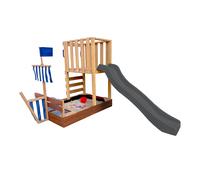 AXI Vicky Torre gioco per bambini in legno, scivolo grigio | Casetta da gioco per giardino / sabbiera, cucina da gioco e lavagna | Giochi in legno da esterno