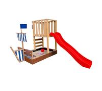 AXI Vicky Torre gioco per bambini in legno, scivolo rosso | Casetta da gioco per giardino/sabbiera, cucina da gioco e lavagna | Giochi in legno da esterno.