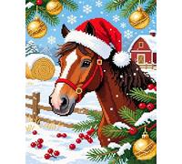 AxiangziK 11CT Contato Cross Stitch Kit,Cavallo da fattoria di Natale,Kit Punto Croce Prestampato Completo Stampati Prestampati Schemi per Principianti,40x50cm