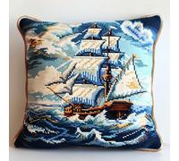 AxiangziK 11CT Cuscino Punto Croce Kit,Barca a vela in mare,Punto Croce Stampato Per Adulti,Kit Da Ricamo Federa Per Cuscino Ricamo A Mano Fai-Da-Te,18x18in