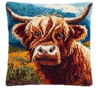 AxiangziK animale Latch Hook Cushion Kits for Adults,bovini delle Highlands,Latch Hook Pillow Case Embroidery Kits Pillow Cover Sofa Cushion DIY Craft,43x43cm