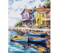 AxiangziK casa al mare Kit Punto Croce DIY Punto Croce Kit da Ricamare,Barche da pesca colorate,Schemi per Principianti Bambini Set Kit Ricamo Ricami,regalo per gli amici,40x50cm