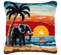 AxiangziK Kit di Cuscino con Uncinetto,Elefanti sulla spiaggia,Latch Hook Kit,fai da te con gancio a fermo Cuscino a Punto Croce Federa decorazione della casa,43x43cm