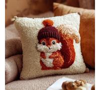 AxiangziK Kit di Cuscino con Uncinetto,Scoiattolo con il cappello Latch Hook Kit,fai da te con gancio a fermo Cuscino a Punto Croce Federa decorazione della casa,43x43cm