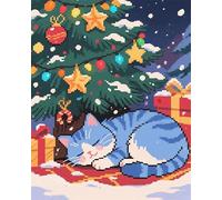 AxiangziK Kit Punto Croce Prestampato,Gatto blu sotto l'albero di Natale,DIY Ricamo Cucito a Mano Cross Stitchm,11CT Embroidery Starter Kit artigianato per Principianti Set,40x50cm