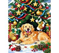 AxiangziK Kit Punto Croce Prestampato,Golden Retriever sotto l'albero di Natale,11CT Ricamo Kit Punto Croce Arte Adatto A Principianti per La Decorazione Domestica,40x50cm