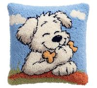 AxiangziK Latch Hook Kits DIY Throw Pillow Cover,Un cucciolo che mangia ossa Cushion Cover Embroidery Craft Kit for Adults And Beginners Creativity Crochet Gift,43x43cm