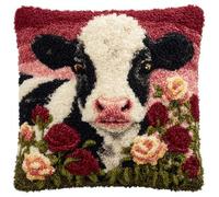 AxiangziK Latch Hook Kits For Adults,Fiori e mucche,Diy Latch Cross Stitch Sofa Cushion,Creativity Gift Embroidery Home Decoration,17x17in