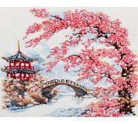 AxiangziK paesaggio giapponese Kit per Punto Croce Prestampato Punto Croce Kit da Ricamare,Rami di Sakura,Fai da Te Kit da Ricamo Completo per Principianti Home Decor,40x50cm