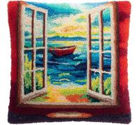 AxiangziK paesaggio Kit Gancio di Chiusura per Cuscino Fai-da-Te,La barca fuori dalla finestra,Artigianato Facile da Imparare per Kit Tappeto con Gancio di Chiusura per Cuscino,43x43cm