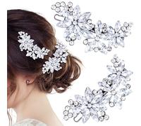 Axicvloes 2 fermagli per capelli a forma di fiore con strass, fermagli per capelli argentati, accessori per capelli per matrimoni, spose, spose