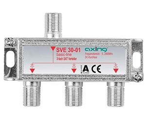 Axing SVE 30-01 Distributore partitore satellitare e digitale terrrestre 3 Vie, Splitter 5-2400 MHz, connettore F, con passagio DC