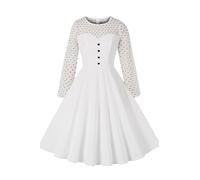 AXOE Abito Donna Vintage Anni '50 con Ricami a Cuore e Tessuto Antipiega Abito A-Line con Scollo Tondo Maniche Lunghe per Occasioni Eleganti o Casual Bianco, Taglia 42, S