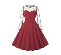 AXOE Abito Donna Vintage Anni '50 con Ricami a Cuore e Tessuto Antipiega Abito A-Line con Scollo Tondo Maniche Lunghe per Occasioni Eleganti o Casual Bordeaux, Taglia 46, L