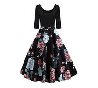 AXOE Donna Abiti Eleganti Anni '50 per Festa Manica Lunga 3/4 con Stampa Floreale, F6B, Taglia 48, XL