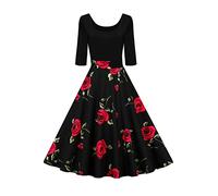 AXOE Donna Abito da Festa per Gli Invitati al Matrimonio Stile Anni 50 Floreale Manica Lunga 3/4, F1B, Taglia 48, XL