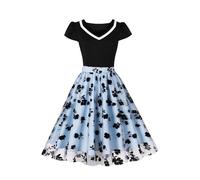 AXOE Donna Abito Vintage Anni 50 con Scollo a Cuore e Tulle Ricamato Vestito Cerimonia Matrimonio, Festa, Eventi Eleganti Azzurro e Nero F02, Taglia 46 (EU 42), L
