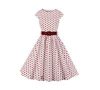 AXOE Donna Abito Vintage Anni 50 Cotone Traspirante, Linea A, Scollo A Barca, Cintura Contrasto Rimovibile Bianco con Pois Rosso, Taglia 50, XXL