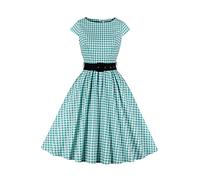 AXOE Donna Abito Vintage Anni 50 Cotone Traspirante, Linea A, Scollo A Barca, Cintura Contrasto Rimovibile Bianco e Verde Quadri, Taglia 42, S