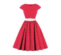 AXOE Donna Abito Vintage Anni 50 Cotone Traspirante, Linea A, Scollo A Barca, Cintura Contrasto Rimovibile Rosso con a Pois Bianco, Taglia 50, XXL