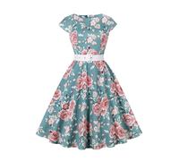AXOE Donna Abito Vintage Anni 50 Cotone Traspirante, Linea A, Scollo A Barca, Cintura Contrasto Rimovibile Verde Stampato Floreale F05, Taglia 42, S