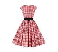 AXOE Donna Abito Vintage Anni 50 Cotone Traspirante, Linea A, Scollo A Barca, Cintura Contrasto Rimovibile Bianco e Rosso Quadri, Taglia 42, S